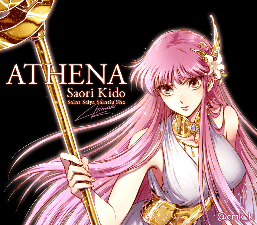 athena_(saint_seiya) bare_arms bare_shoulders black_background breasts character_name closed_mouth collar commentary copyright_name dress female fingernails flower hair_flower hair_ornament holding holding_staff jewelry kido_saori kuori_chimaki large_breasts lips long_hair necklace purple_hair saint_seiya saint_seiya_saintia_sho serious signature simple_background sleeveless sleeveless_dress solo sparkle staff twitter_username upper_body white_dress white_flower