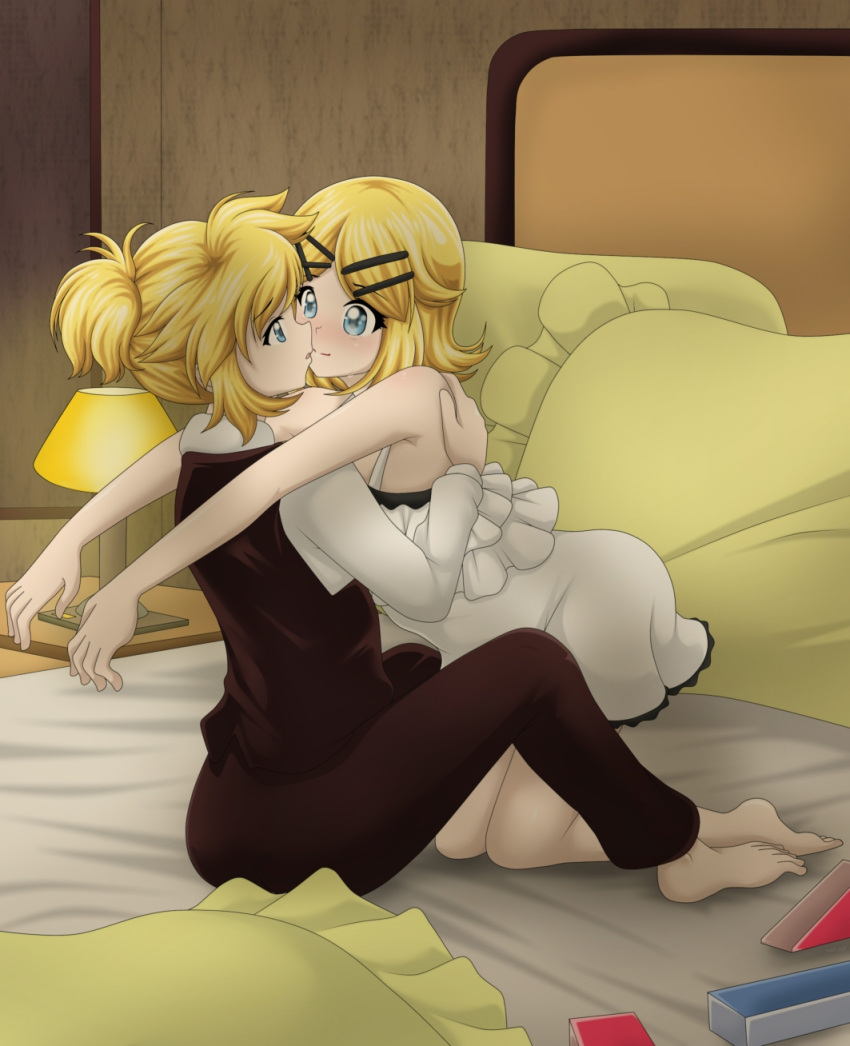 1boy adolescence_(vocaloid) barefoot bed_sheet blonde_hair blue_hair blush brother_and_sister brown_pants camisole commentary desk_lamp english_commentary face-to-face female frilled_camisole frilled_pillow frills hair_ornament highres imminent_hug imminent_kiss kagamine_len kagamine_rin kneeling lamp leaning_forward leaning_on_person ngt_(wah_ngt) on_bed pants pillow shirt siblings sitting sleeveless_blazer toy_block twins vocaloid white_camisole white_shirt x_hair_ornament