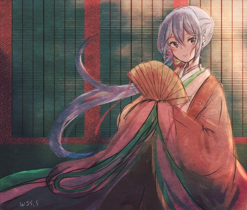 akebono_(kancolle) alternate_costume artist_name bell commentary_request female flower folding_fan hair_bell hair_flower hair_ornament hand_fan heian japanese_clothes jingle_bell kantai_collection karaginu_mo kimono layered_clothes layered_kimono long_hair looking_at_viewer purple_eyes purple_hair side_ponytail solo very_long_hair wss_(nicoseiga19993411)