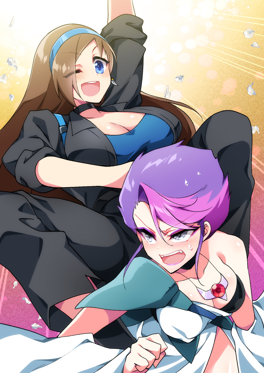 2girls black_choker black_jacket black_pants blue_hairband blue_shirt blush breasts brown_hair choker choujuu_kishin_dancouga cleavage collarbone dancouga_(series) hairband highres jacket large_breasts long_hair moth_(robot_girls_z) multiple_girls one_eye_closed pants robot_girls_z shapi_(robot_girls_z) shapiro shirt smile toga v-shaped_eyebrows