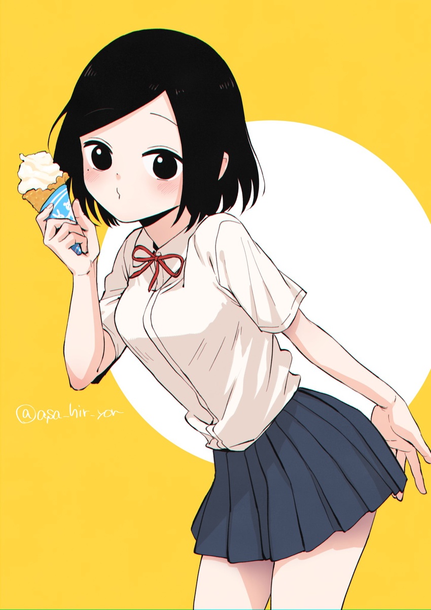 aged_down asa_hir_yor black_eyes black_hair blush breasts collared_shirt female food hand_up highres holding holding_food ice_cream ice_cream_cone large_breasts looking_at_viewer mole mole_under_eye pleated_skirt sakurai_touko school_uniform senpai_ga_uzai_kouhai_no_hanashi shirt short_hair skirt soft_serve solo