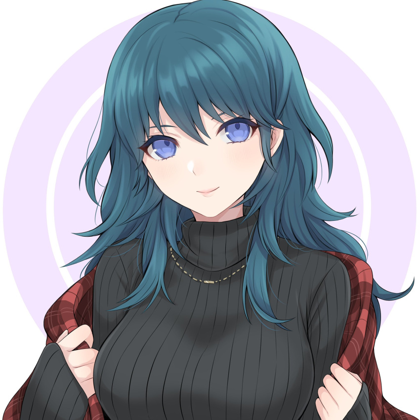 alternate_costume bangs black_sweater blue_eyes blue_hair breasts byleth_(fire_emblem) byleth_(fire_emblem)_(female) casual commentary_request contemporary female fire_emblem fire_emblem:_three_houses hair_between_eyes highres jewelry large_breasts long_hair long_sleeves looking_at_viewer necklace plaid ribbed_sweater shawl shimizu_akina sleeves_past_wrists smile solo sweater turtleneck turtleneck_sweater upper_body white_background