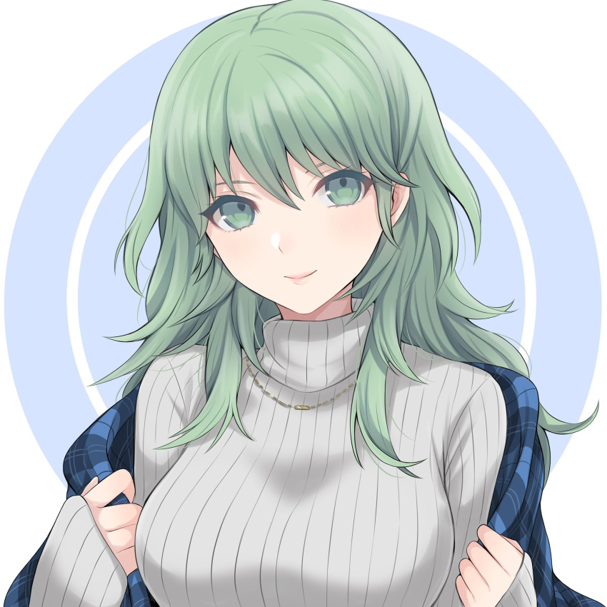 alternate_costume bangs breasts byleth_(fire_emblem) byleth_(fire_emblem)_(female) casual commentary_request contemporary female fire_emblem fire_emblem:_three_houses green_eyes green_hair grey_sweater hair_between_eyes highres jewelry large_breasts long_hair long_sleeves looking_at_viewer necklace plaid ribbed_sweater shawl shimizu_akina sleeves_past_wrists smile solo sweater turtleneck turtleneck_sweater upper_body white_background