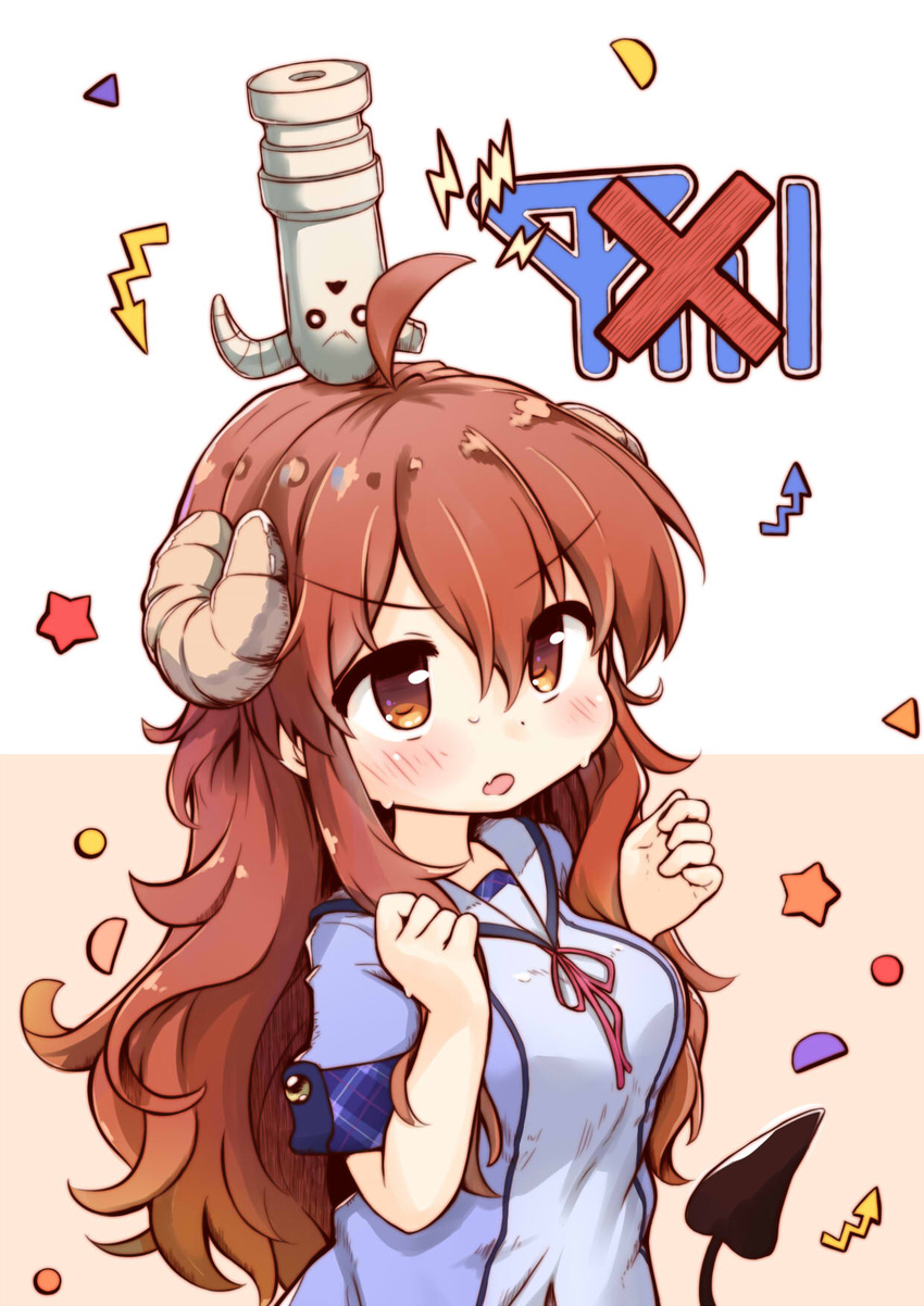 ahoge blush brown_eyes brown_hair commentary curled_horns demon_girl demon_horns demon_tail female hands_up highres horns kareya lilith_(machikado_mazoku) long_hair machikado_mazoku open_mouth school_uniform signal_bar simple_background star_(symbol) statue sweat tail upper_body upside-down white_background yoshida_yuuko_(machikado_mazoku)