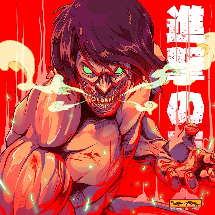 1boy alt_text black_hair blood clenched_teeth english_commentary floating_hair freakyfir green_eyes looking_at_viewer male_focus open_hand red_background rogue_titan shingeki_no_kyojin signature smoke solo teeth titan_(shingeki_no_kyojin)