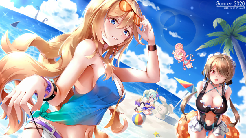 4girls adjusting_eyewear artist_name asc11 ball bare_shoulders beach beach_umbrella beachball bianka_durandal_ataegina bianka_durandal_ataegina_(valkyrie_gloria) bikini blonde_hair blue_eyes blue_nails blue_sky breasts brown_hair chibi cloud commentary_request dated day dutch_angle earrings eyewear_on_head frilled_bikini frills hair_between_eyes hair_over_one_eye highres homu_(honkai_impact) honkai_(series) honkai_impact_3rd horizon horns innertube jewelry jumping large_breasts leaning_forward lens_flare liliya_olenyeva long_hair looking_at_viewer maid_headdress midriff multicolored_hair multiple_girls nail_polish ocean open_mouth orange-tinted_eyewear outdoors palm_tree pink_hair rita_rossweisse rita_rossweisse_(phantom_iron) rozaliya_olenyeva sand_sculpture shirt single_horn sky smile sparkling_eyes starfish summer sunglasses swim_ring swimsuit tied_shirt tinted_eyewear tree twintails umbrella very_long_hair water watermark wristband