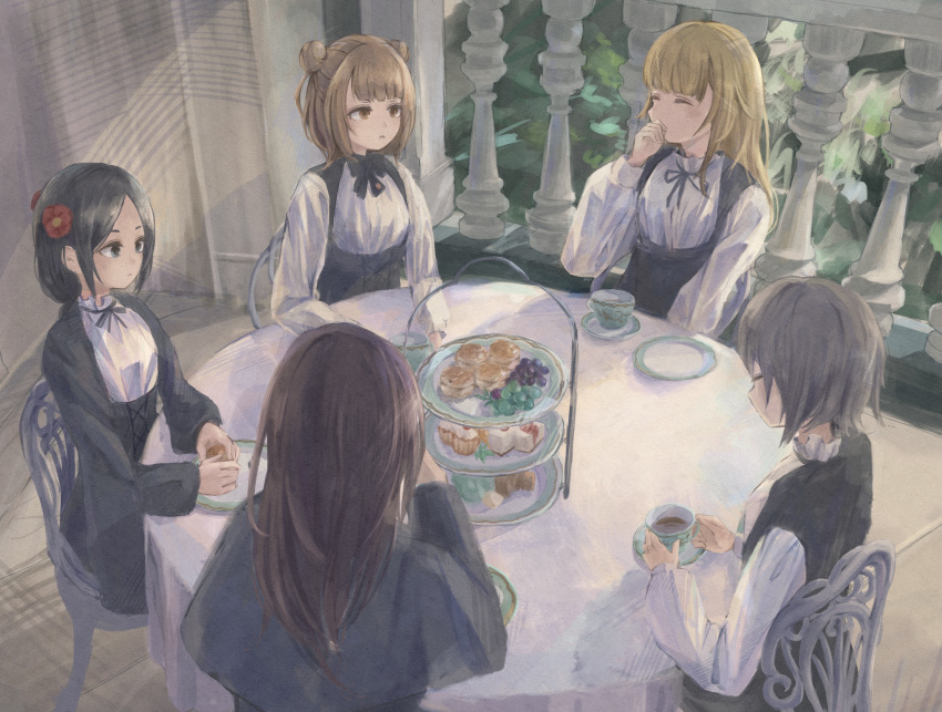 5girls absurdres ange_(princess_principal) beatrice_(princess_principal) black_bow black_eyes black_hair blonde_hair bow brown_eyes brown_hair chair closed_eyes corset cup cupcake dorothy_(princess_principal) double_bun flower food hair_bun hair_flower hair_ornament highres kinakojojo laughing long_hair long_sleeves multiple_girls plate princess_(princess_principal) princess_principal railing school_uniform short_hair sitting sweets table tea teacup tiered_tray toudou_chise underbust