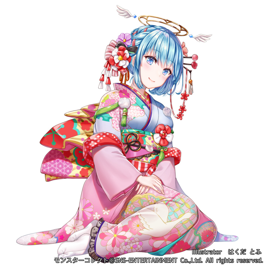 :d angel angel_wings blue_eyes blue_hair blush breasts character_request company_name fantasy feathered_wings female floral_print flower full_body hair_ornament hakuda_tofu halo hands_on_lap highres japanese_clothes kimono long_sleeves looking_at_viewer monster_collect new_year obi official_art open_mouth own_hands_together sandals sash short_hair sitting smile snow socks solo tabi watermark white_socks wide_sleeves wings yokozuwari