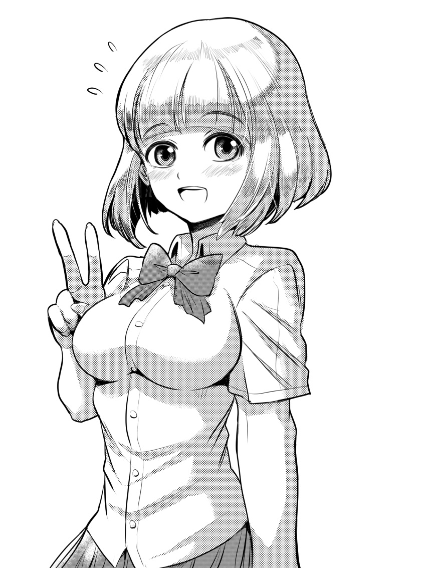 :d bob_cut bow bowtie breasts commentary_request dress_shirt female flying_sweatdrops greyscale halftone highres large_breasts monochrome naruse_yuu open_mouth school_uniform shirt short_hair short_sleeves simple_background skirt smile solo untucked_shirt upper_body v watashi_ga_motenai_no_wa_dou_kangaetemo_omaera_ga_warui! white_background zatou_(kirsakizato)