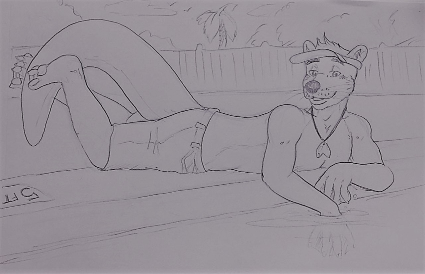 anthro ashwolves5 clothed clothing lounge lying male mammal monochrome mustelid on_front otter outside smile solo swimming_pool topless