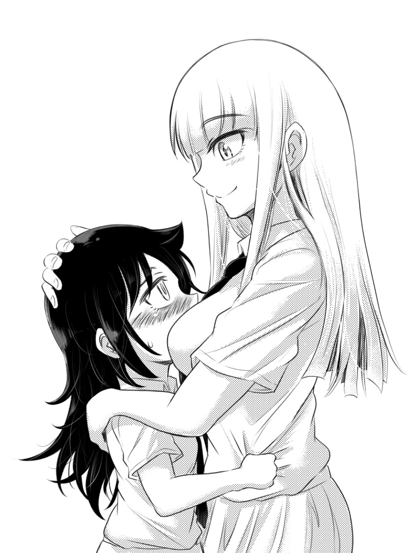 2girls between_breasts blush breasts collared_shirt commentary_request from_side greyscale hand_on_another's_head head_between_breasts highres hug katou_asuka kuroki_tomoko large_breasts looking_at_another monochrome multiple_girls necktie profile shirt shirt_grab short_sleeves watashi_ga_motenai_no_wa_dou_kangaetemo_omaera_ga_warui! yuri zatou_(kirsakizato)