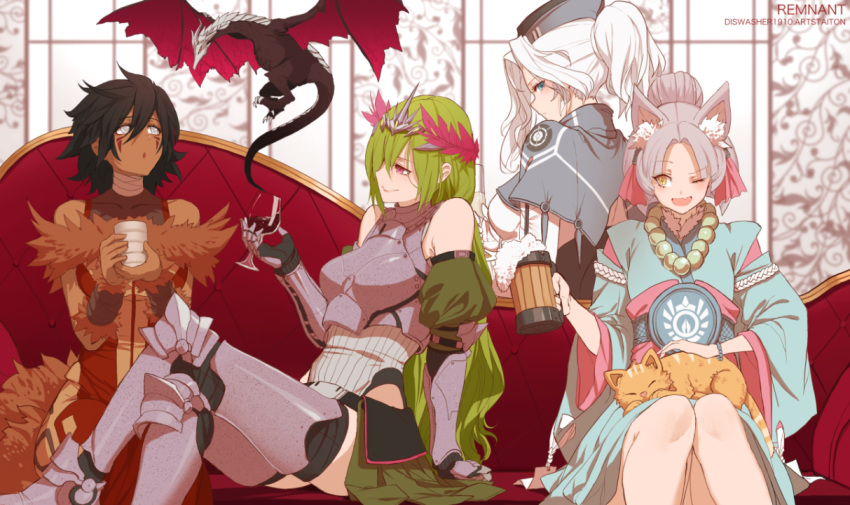 4girls alcohol animal_ears arm_support armor artist_name artstation_username axis_powers_hetalia bare_shoulders bead_bracelet bead_necklace beads beer beer_mug belt belt_buckle black_hair bracelet breastplate breasts buckle capelet closed_eyes collarbone commentary couch crown cup dark-skinned_female dark_skin detached_sleeves dishwasher1910 dragon dress drink drinking drinking_glass english_commentary eyes_visible_through_hair facial_mark feet_out_of_frame feline fox_ears greaves green_hair grey_hair grimm_(rwby) grimm_dragon hair_between_eyes hat headpat holding holding_cup japanese_clothes jewelry leg_armor long_hair long_sleeves looking_at_viewer medium_breasts military_hat mug multiple_girls necklace oerba_yun_fang one_eye_closed open_mouth personification pet ponytail rwby see-through short_hair sitting teacup thighhighs tongue white_hair wine wine_glass