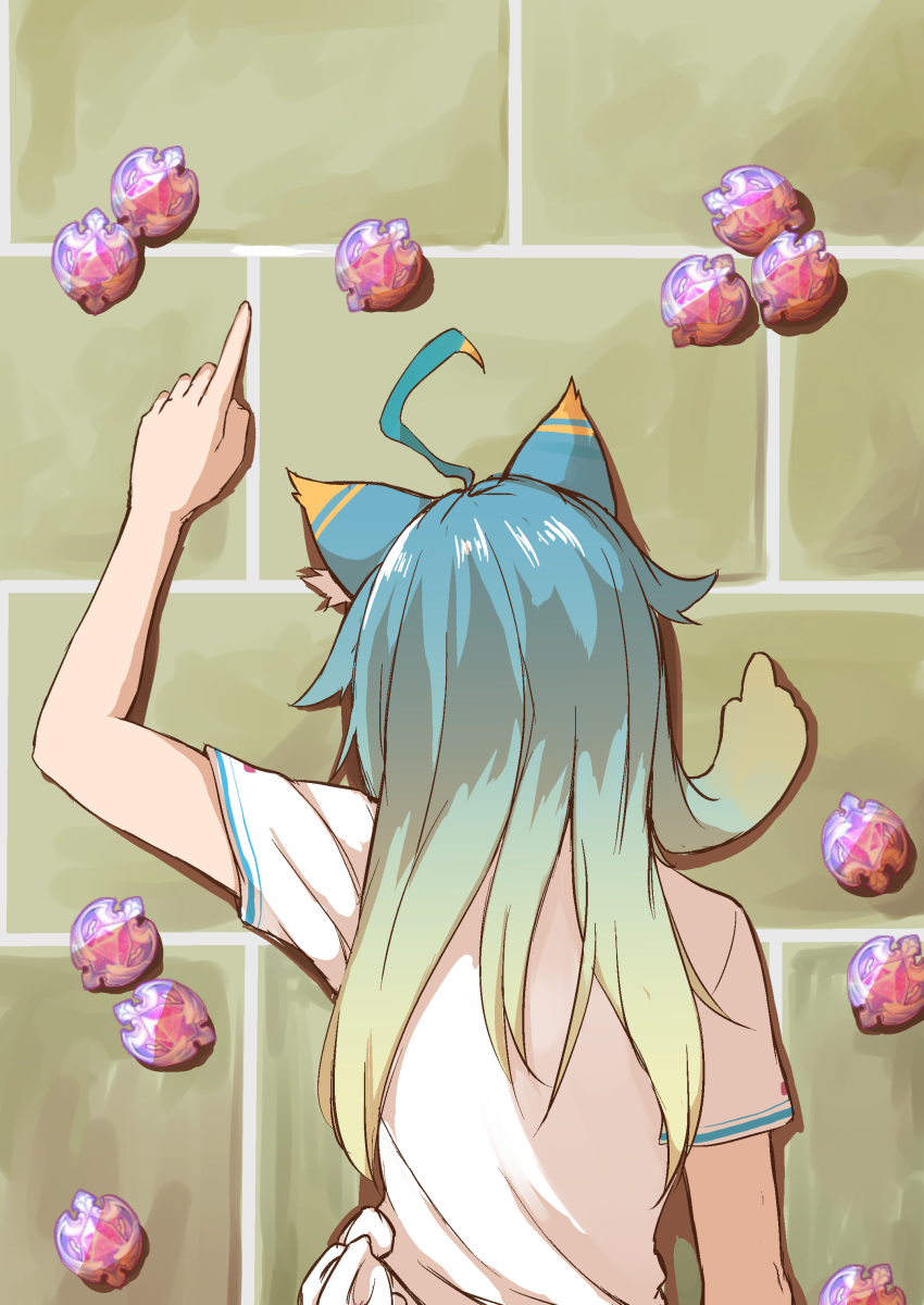 absurdres ahoge animal_ear_fluff animal_ears arm_up blue_hair cat_ears commentary_request copyright_request don't_you_ever_stop_(meme) female gradient_hair green_hair gundam gundam_tekketsu_no_orphans highres ky_(ky990533) long_hair lying meme multicolored_hair on_stomach parody pointing shirt short_sleeves solo tied_shirt upper_body white_shirt