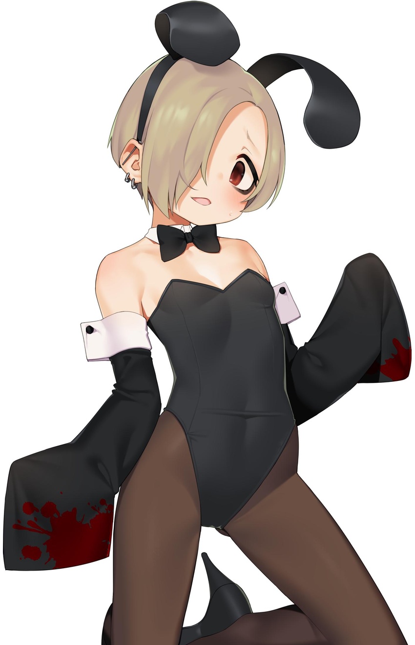 animal_ears bad_id bad_twitter_id bare_shoulders blonde_hair blood blood_stain blush bow bowtie detached_collar detached_sleeves ear_piercing fake_animal_ears feet_out_of_frame female flat_chest hair_over_one_eye high_heels highres idolmaster idolmaster_cinderella_girls leotard looking_at_viewer miyamae_(miyazen9311) pantyhose piercing playboy_bunny rabbit_ears red_eyes shirasaka_koume short_eyebrows short_hair simple_background sleeves_past_fingers sleeves_past_wrists smile solo sweatdrop white_background