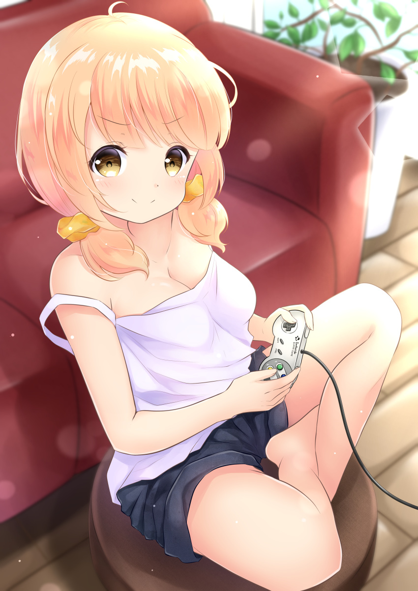 >:) absurdres ahoge barefoot black_shorts blonde_hair blurry blurry_background blush breasts camisole cleavage closed_mouth commentary_request controller couch crossed_legs depth_of_field female full_body game_controller gamepad hair_ornament hair_scrunchie highres holding inahori indoors long_hair low_twintails medium_breasts original plant potted_plant scrunchie short_shorts shorts sitting smile solo strap_slip super_famicom_gamepad twintails v-shaped_eyebrows white_camisole wooden_floor yellow_scrunchie