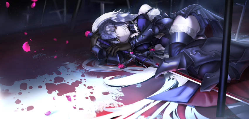 absurdres armor armored_dress black_dress black_gloves black_thighhighs blood breasts chains commentary_request dress fate/grand_order fate_(series) faulds female fur_trim gauntlets gloves greaves grey_hair headpiece highres jeanne_d'arc_alter_(avenger)_(fate) jeanne_d'arc_alter_(avenger)_(third_ascension)_(fate) jeanne_d'arc_alter_(fate) large_breasts long_hair lying nakasaku-p on_side solo sword thighhighs vambraces very_long_hair weapon yellow_eyes