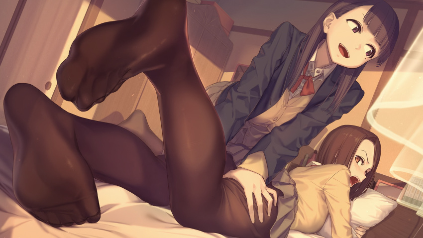 2girls :d aikawa_ren asymmetrical_bangs bed bedroom beige_cardigan black_legwear blazer blue_eyes blue_jacket blush breasts brown_eyes brown_hair cardigan collared_shirt curtains dutch_angle embarrassed end_card feet foot_focus foreshortening grey_skirt highres himura_kiseki hugging_object indoors jacket kerchief legs long_hair long_sleeves looking_at_another looking_back lying massage miru_tights mole mole_under_eye multiple_girls nakabeni_yua no_shoes non-web_source official_art on_bed on_stomach open_clothes open_jacket open_mouth pantyhose pillow pillow_hug red_neckwear school_uniform shirt short_hair sitting skirt smile soles tareme thigh_grab toes v-shaped_eyebrows white_shirt yuri