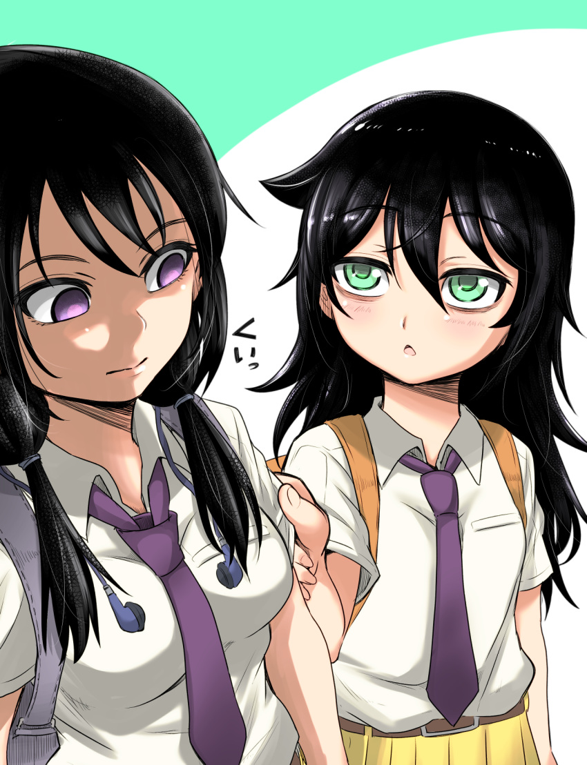 2girls 3: bag bags_under_eyes black_hair breasts chestnut_mouth clothes_grab commentary dress_shirt earphones_removed empty_eyes glance green_eyes highres kuroki_tomoko long_hair multiple_girls necktie open_mouth pinching purple_necktie school_bag school_uniform shaded_face shirt short_sleeves skirt sleeve_grab tamura_yuri translated twintails watashi_ga_motenai_no_wa_dou_kangaetemo_omaera_ga_warui! white_shirt zatou_(kirsakizato)