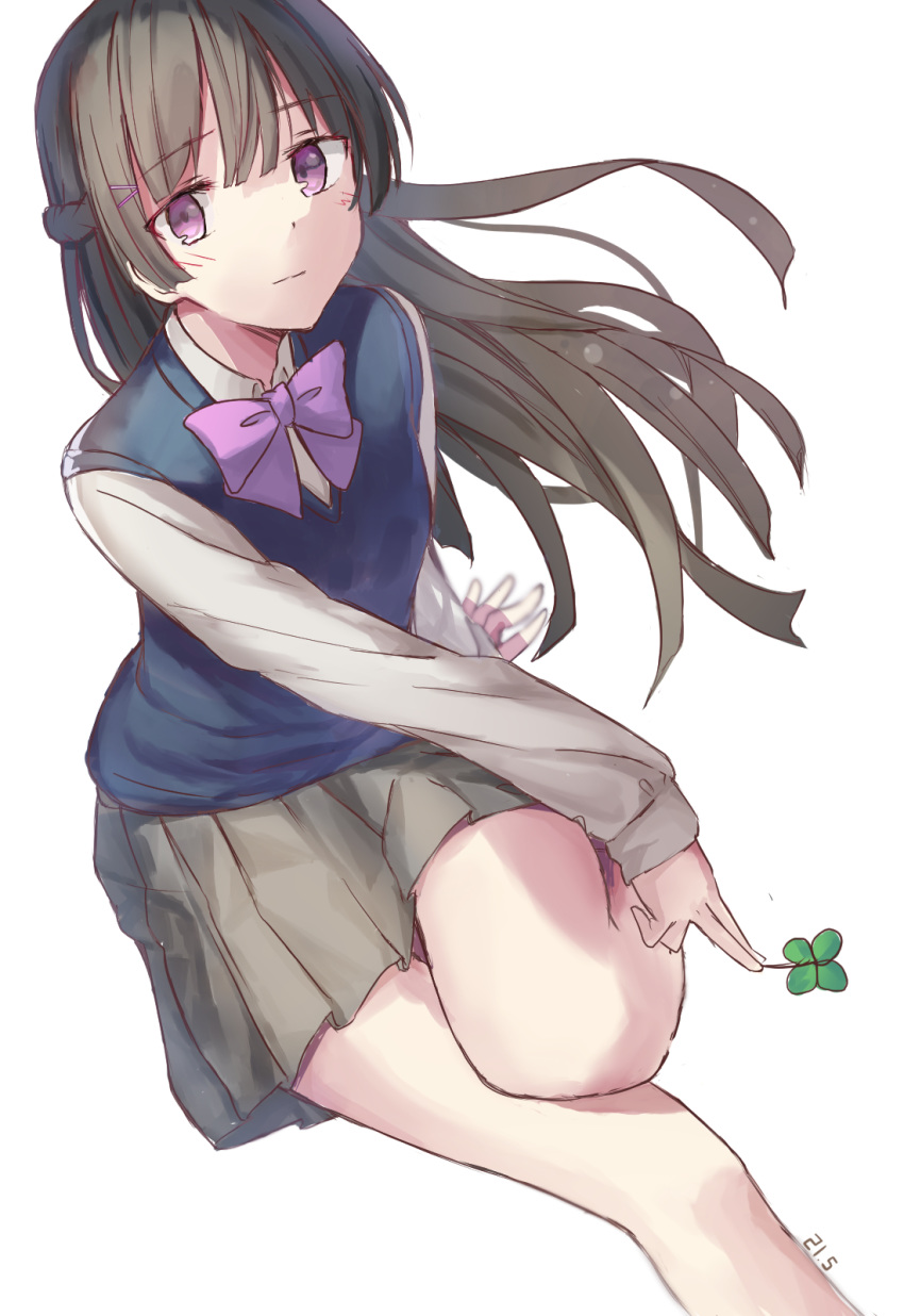 arm_support blue_vest bow bowtie brown_hair brown_skirt clover commentary_request expressionless female four-leaf_clover highres kneeichigo long_hair looking_at_viewer neck_ribbon nijisanji outstretched_leg partial_commentary purple_bow purple_bowtie purple_eyes purple_ribbon ribbon shirt skirt solo tsukino_mito tsukino_mito_(3rd_costume) vest virtual_youtuber white_shirt