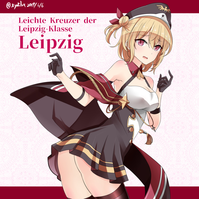 alpha_signature ass azur_lane bare_shoulders black_gloves black_thighhighs blonde_hair breasts butt_crack commentary_request female german_text gloves hair_bun hat hebitsukai-san highres leipzig_(azur_lane) leipzig_(retrofit)_(azur_lane) looking_at_viewer medium_breasts military military_uniform open_mouth red_eyes short_hair single_hair_bun solo thighhighs twisted_torso uniform