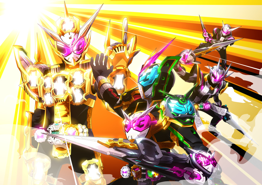 1boy absurdres armor commentary_request dual_wielding grand_zi-o_rider_watch helmet highres holding kamen_rider kamen_rider_grand_zi-o kamen_rider_zi-o kamen_rider_zi-o_(series) kamen_rider_zi-o_ii kamen_rider_zi-o_trinity looking_at_viewer multiple_views otokamu rider_belt shiny shoulder_armor spoilers sword weapon ziku_driver