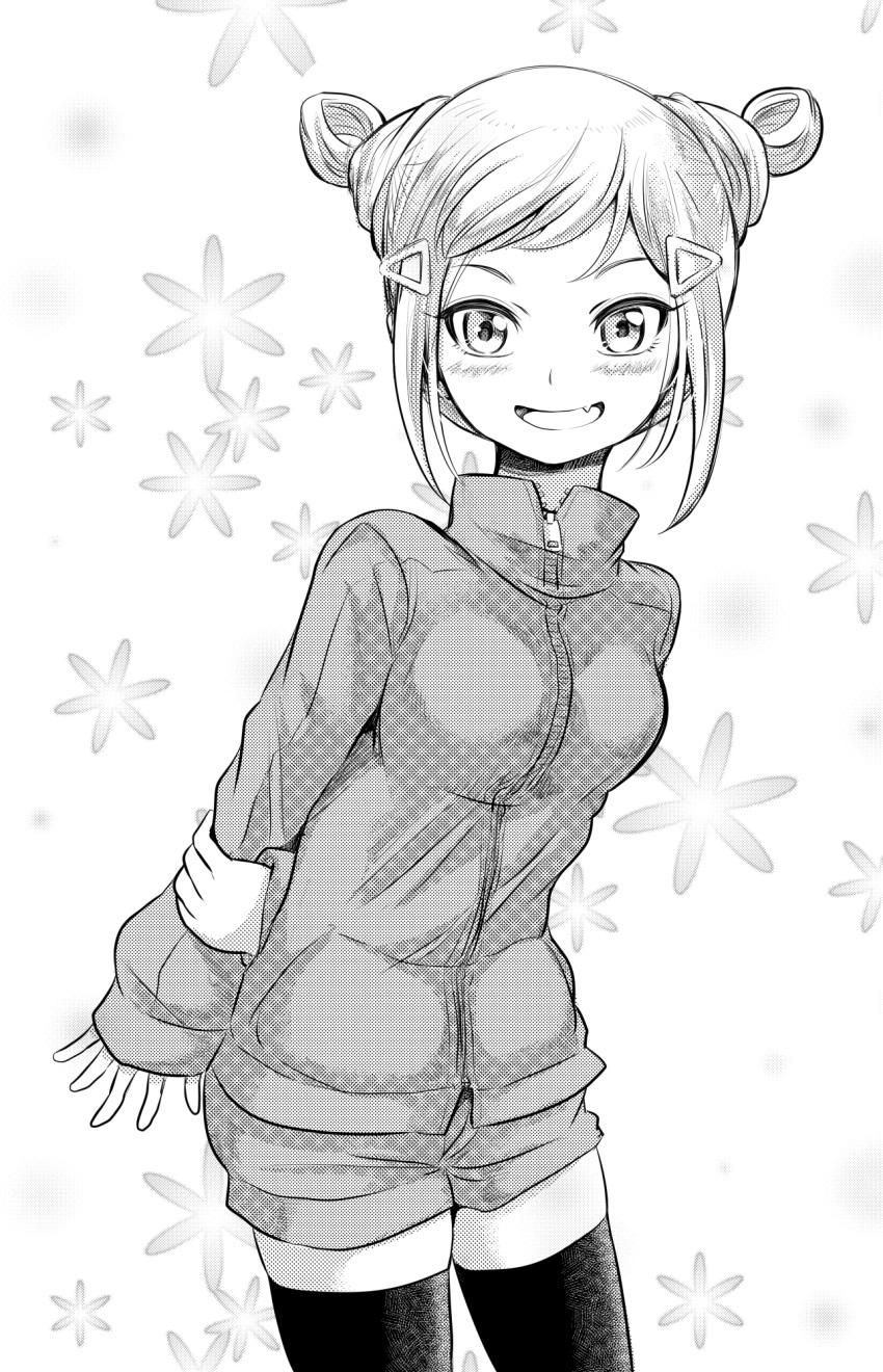 :d alternate_hairstyle blush commentary_request cowboy_shot female floral_background greyscale hair_ornament hair_up hairclip highres jacket looking_at_viewer minami_koharu monochrome oerba_yun_fang open_mouth shorts smile solo thighhighs track_jacket watashi_ga_motenai_no_wa_dou_kangaetemo_omaera_ga_warui! zatou_(kirsakizato)