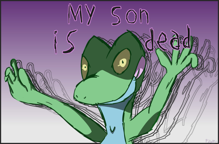 4_fingers ambiguous_gender dialogue digital_media_(artwork) english_text fingers gradient_background green_body green_scales lizard looking_at_viewer pawn purple_background reaction_image reptile scales scalie simple_background solo text white_background