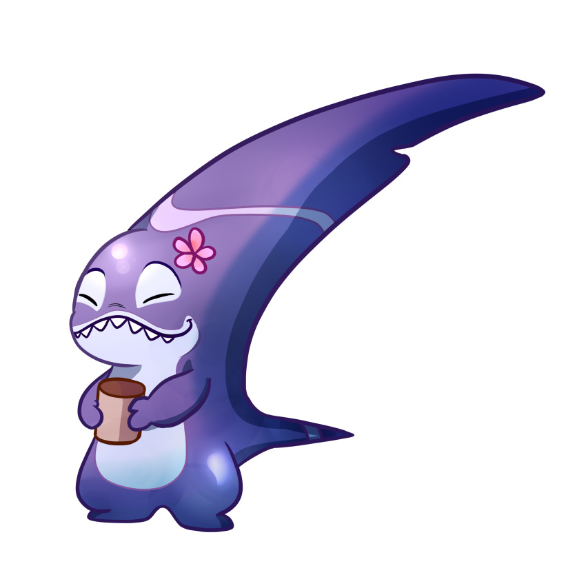 1:1 2019 absurd_res alien alpha_channel closed_eyes container cup digital_drawing_(artwork) digital_media_(artwork) disney dorsal_fin experiment_(lilo_and_stitch) fin flower hi_res hibiscus holding_container holding_cup holding_object lilo_and_stitch marine plant purple_body ryuko_rose simple_background sinker_(lilo_and_stitch) smile solo standing transparent_background