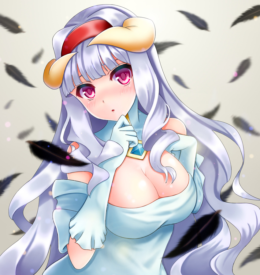 albedo_(overlord) albedo_(overlord)_(cosplay) blush breasts cleavage commentary_request cosplay elbow_gloves eyebrows faker_(pili524) feathers female gloves hairband hara_yumi highres horns idolmaster idolmaster_(classic) large_breasts long_hair looking_at_viewer overlord_(maruyama) parted_lips photoshop_(medium) pink_eyes shijou_takane solo upper_body voice_actor_connection white_gloves white_hair