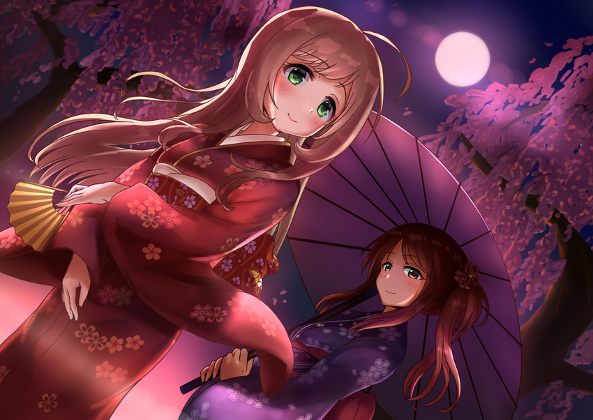 2girls ahoge backlighting blonde_hair blush bow brown_eyes brown_hair cherry_blossoms closed_mouth commentary_request crossed_arms dutch_angle floral_print folding_fan full_moon green_eyes hair_ornament hairbow hand_fan highres idolmaster idolmaster_cinderella_girls japanese_clothes kimono long_hair long_sleeves looking_at_viewer mifune_miyu moon moonlight multiple_girls night night_sky obi oil-paper_umbrella outdoors paper_fan parasol purple_kimono red_kimono red_moon sash sato_shin side_ponytail sidelocks sky smile standing tree umbrella wide_sleeves yoi_otome_(idolmaster) yokohata