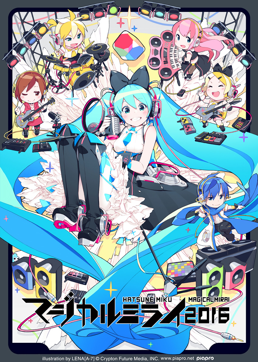 2boys 4girls bass_guitar black_footwear black_pants blonde_hair blue_eyes blue_hair boots bow brown_eyes brown_hair chibi closed_eyes coat cube dress drum drumsticks electric_guitar frilled_dress frilled_skirt frills gloves grin guitar hairbow hatsune_miku headphones highres holding holding_instrument holding_microphone instrument kagamine_len kagamine_rin kaito_(vocaloid) keyboard_(instrument) len_(a-7) long_hair looking_at_viewer magical_mirai_(vocaloid) magical_mirai_kaito magical_mirai_len magical_mirai_luka magical_mirai_meiko magical_mirai_miku magical_mirai_miku_(2016) magical_mirai_rin matching_outfits megurine_luka meiko_(vocaloid) microphone microphone_stand multiple_boys multiple_girls music necktie official_art one_eye_closed open_clothes open_coat pants pantyhose pink_hair playing_instrument red_skirt resized sailor_collar scarf short_sleeves shorts side_slit sitting skirt sleeveless sleeveless_dress smile sparkle speaker spotlight standing standing_on_one_leg translated upscaled very_long_hair vocaloid white_gloves wire