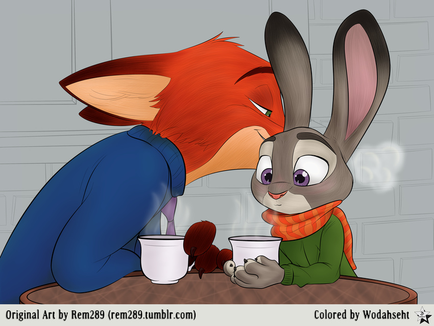 2016 4:3 4_fingers absurd_res anthro avoid_posting canid canine claws clothing container cup disney duo female fingers fox fur furniture green_eyes grey_body grey_fur half-closed_eyes heart_symbol hi_res holding_container holding_cup holding_object inner_ear_fluff judy_hopps lagomorph leporid male mammal narrowed_eyes necktie nick_wilde orange_body orange_fur purple_eyes rabbit rem289 scarf size_difference story story_in_description sweater table topwear tuft wodahseht zootopia