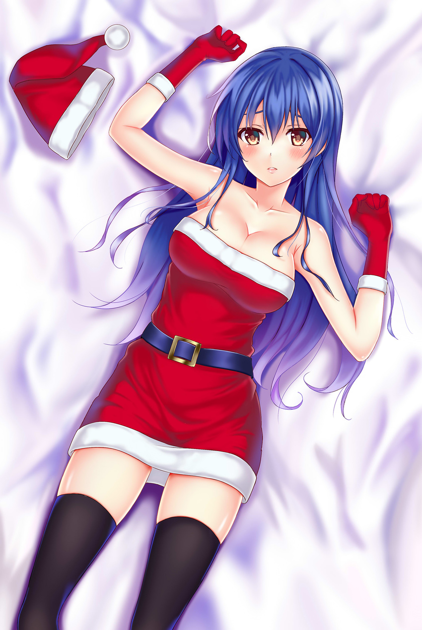 bare_shoulders belt black_thighhighs blue_hair blush breasts brown_eyes christmas cleavage collarbone commentary_request eyebrows faker_(pili524) female gloves hat highres large_breasts long_hair looking_at_viewer love_live! love_live!_school_idol_project lying on_back parted_lips photoshop_(medium) red_gloves red_hat santa_costume santa_hat solo sonoda_umi thighhighs unworn_hat unworn_headwear