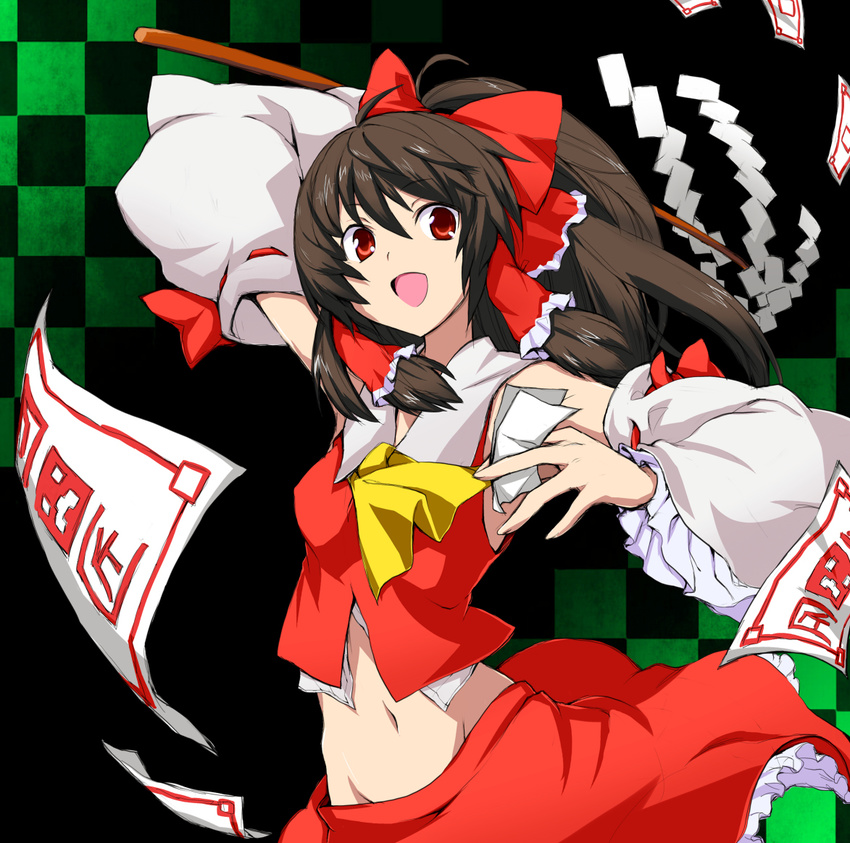 ascot bow brown_eyes colorized commentary_request creeper detached_sleeves female gohei groin hair_tubes hairbow hakurei_reimu hinokuro long_hair midriff minecraft navel no_panties ofuda oonusa red_hair simple_background skirt solo touhou when_you_see_it