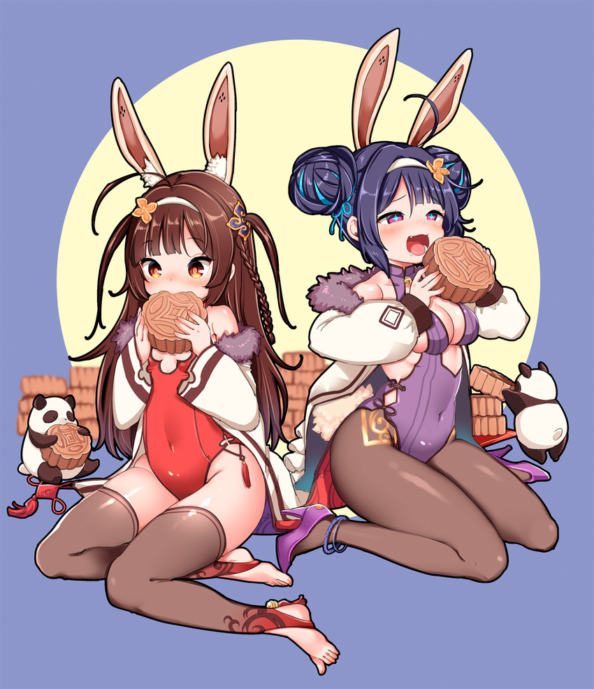 2girls animal_ears azur_lane barefoot black_hair blush braid breasts brown_eyes brown_hair brown_pantyhose brown_thighhighs cleavage coat commentary_request covered_navel double_bun drooling eating flat_chest flower food full_body hair_bun hair_flower hair_ornament hairband high_heels highres holding leotard long_hair mojarin_(kihara_mojarin) mooncake multiple_girls ning_hai_(azur_lane) ning_hai_(moon_palace_rabbit)_(azur_lane) oerba_yun_fang off_shoulder open_mouth panda pantyhose ping_hai_(azur_lane) ping_hai_(osmanthus_moon_rabbit)_(azur_lane) purple_eyes purple_leotard rabbit_ears red_leotard shoes single_hair_bun sitting thighhighs toeless_legwear toes twintails two_side_up white_coat