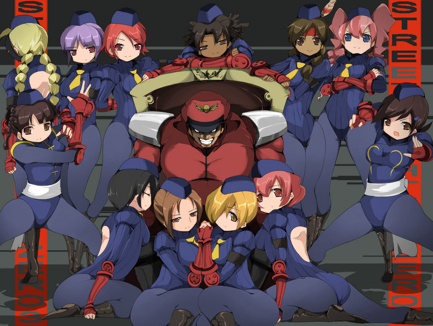 1boy 6+girls aprile black_hair blonde_hair blue_eyes boots braid brown_eyes brown_hair cammy_white capcom chun-li closed_eyes closed_eyes dark_hair decapre drill_hair enero fã©vrier fevrier fingerless_gloves from_behind girl gloves hair_over_one_eye harem headband jianyu juli juni kneeling leotard m_bison marz mask multiple_girls native_american necktie noembelu pink_hair purple_hair red_hair santamu santum sash satsuki satsuki_(street_fighter) shadaloo_dolls short_hair sitting smile street_fighter tie twin_braids uniform vega xiayu yanyu zinger_(excess_m)