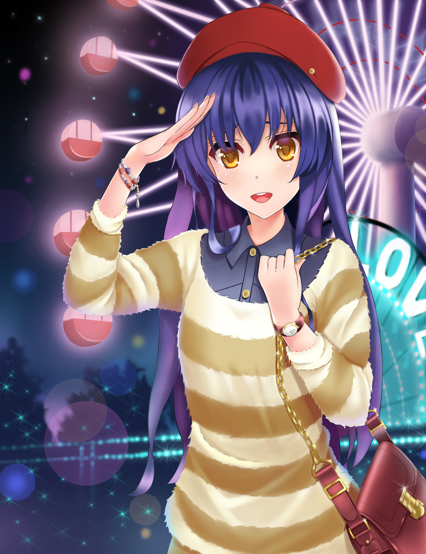 absurdres bag blue_hair blush bracelet brown_eyes commentary_request eyebrows faker_(pili524) female ferris_wheel handbag highres jewelry long_hair looking_at_viewer love_live! love_live!_school_idol_project open_mouth photoshop_(medium) smile solo sonoda_umi upper_body watch wristwatch