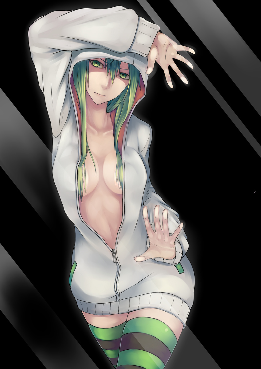 absurdres against_fourth_wall against_glass bad_id bad_pixiv_id breasts cleavage female fourth_wall green_eyes green_hair hair_over_breasts highres hood hoodie jikeshi long_hair looking_at_viewer medium_breasts naked_hoodie no_bra original solo striped_clothes striped_thighhighs thighhighs unzipped zettai_ryouiki