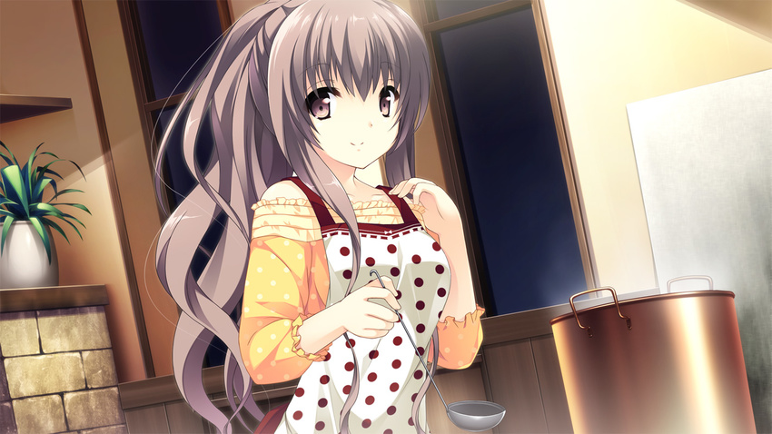 alternate_hairstyle apron female game_cg grey_eyes grey_hair indoors kono_oozora_ni_tsubasa_wo_hirogete ladle long_hair motoi_ayumu plant ponytail shigure_kanako smile solo