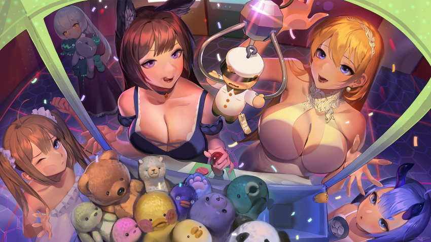 5girls against_glass amagi_(azur_lane) amazon_(azur_lane) animal_ears azur_lane bare_shoulders blonde_hair blue_eyes blue_hair blunt_bangs breast_press breasts breasts_on_glass brown_hair choker cleavage closed_mouth collarbone commentary crane_game damiaodi dress fox_ears frilled_dress frills from_above grey_hair hair_ornament hair_scrunchie highres holding holding_stuffed_toy horns hugging_object i-13_(azur_lane) indoors large_breasts licking_lips long_hair multiple_girls north_carolina_(azur_lane) official_art open_mouth photoshop_(medium) purple_dress purple_eyes scrunchie sleeveless sleeveless_dress smile standing strapless strapless_dress stuffed_alpaca stuffed_animal stuffed_dolphin stuffed_duck stuffed_panda stuffed_rabbit stuffed_toy teddy_bear tongue tongue_out twintails very_long_hair white_dress yellow_eyes z46_(azur_lane)