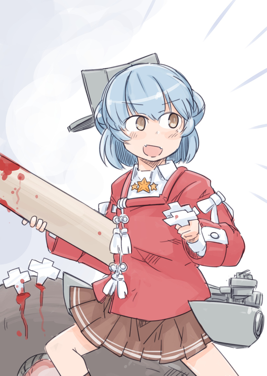 :d blood blood_on_weapon blood_splatter blue_hair brown_skirt brown_socks commentary_request cosplay double_bun enjaku_izuku fangs feet_out_of_frame female flight_deck hair_bun highres japanese_clothes kantai_collection kariginu knee_up kneehighs light_blush long_sleeves looking_to_the_side machinery open_mouth pleated_skirt red_shirt ryuujou_(kancolle) ryuujou_(kancolle)_(cosplay) samuel_b._roberts_(kancolle) shikigami shirt short_hair skin_fangs skirt smile socks solo standing star_(symbol) visor_cap weapon white_background yellow_eyes