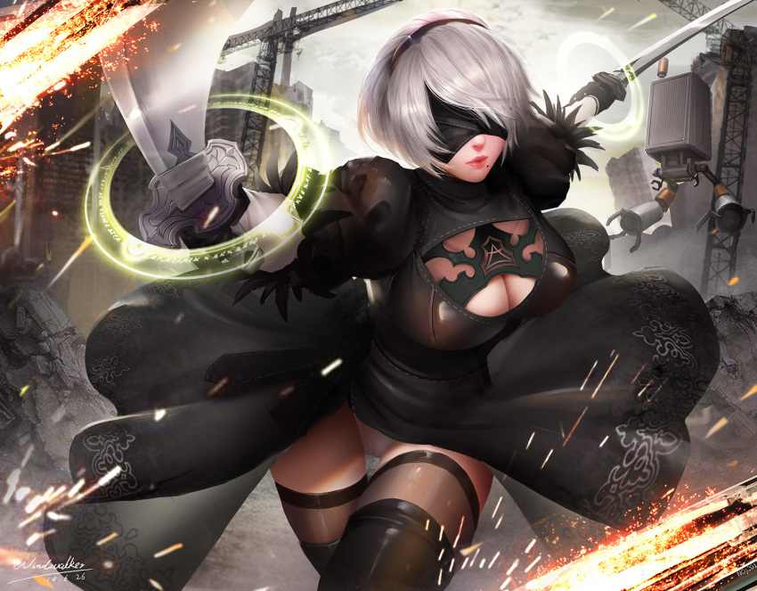 blindfold boots breasts building cameltoe city cleavage dress feathers gray_hair headband katana kaze_no_gyouja leotard nier nier:_automata pod_(nier:_automata) robot ruins short_hair signed sword thighhighs weapon yorha_unit_no._2_type_b