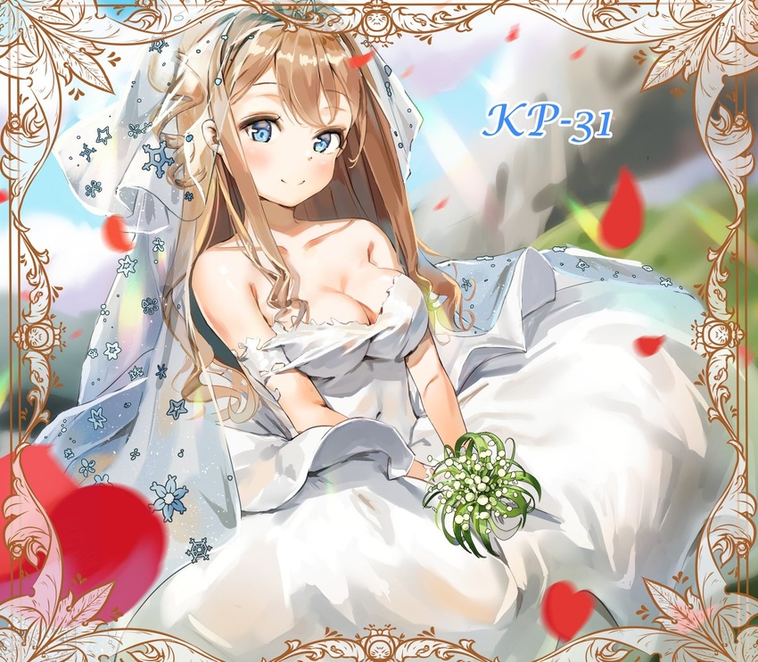 bare_shoulders blue_eyes blurry blurry_background blush border breasts bridal_veil brown_hair character_name cleavage collarbone commentary_request dress female flower girls'_frontline heart holding holding_flower kian korean_commentary large_breasts long_hair looking_at_viewer official_alternate_costume petals sitting smile solo suomi_(blissful_mission)_(girls'_frontline) suomi_(girls'_frontline) veil wedding_dress