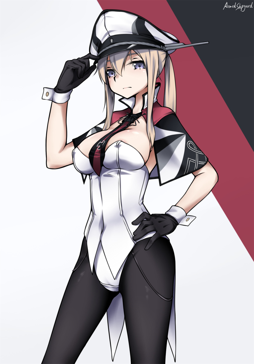 adapted_costume areola_slip armedshipyard between_breasts black_gloves black_pantyhose blonde_hair breasts capelet celtic_knot commentary_request cowboy_shot cross female gloves graf_zeppelin_(kancolle) grey_eyes hair_between_eyes hand_on_own_hip hat highres iron_cross kantai_collection leotard long_hair multicolored_background necktie necktie_between_breasts pantyhose peaked_cap playboy_bunny sidelocks solo standing strapless strapless_leotard tsurime twintails white_background white_hat white_leotard