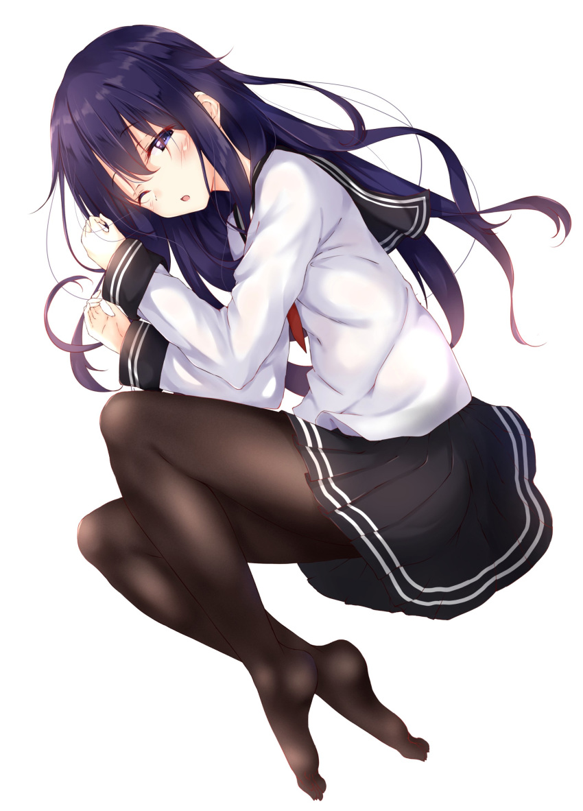 absurdres akatsuki_(kancolle) bad_id bad_twitter_id black_pantyhose black_skirt blush commentary_request female full_body hair_between_eyes highres kantai_collection long_hair long_sleeves looking_at_viewer looking_to_the_side neckerchief no_shoes numpopo one_eye_closed open_mouth pantyhose pleated_skirt purple_eyes purple_hair red_neckerchief sailor_collar school_uniform serafuku simple_background skirt solo white_background