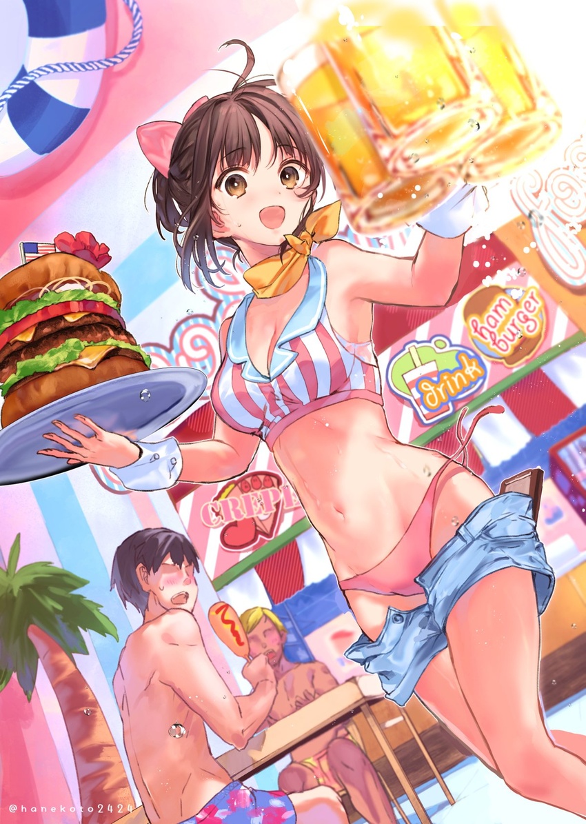 2boys :d ahoge alcohol american_flag armpits bare_arms bare_shoulders beer bikini bikini_day black_hair blonde_hair bow breasts brown_eyes brown_hair burger cleavage commentary_request corn_dog cup denim denim_shorts doukyuusei_(hanekoto) drinking_glass dutch_angle faceless faceless_male female food hairbow handkerchief hanekoto highres holding holding_tray large_breasts looking_at_viewer mini_flag multiple_boys navel open_fly open_mouth original oversized_food oversized_object pink_bikini pink_bow short_hair short_shorts shorts side-tie_bikini_bottom smile solo_focus standing stomach striped_bikini striped_clothes sweat swimsuit thighs tray untied_bikini waitress wing_collar wrist_cuffs