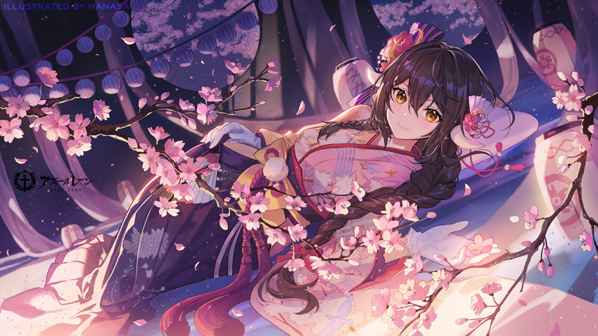 anthro azur_lane braids brown_hair cherry_blossoms criin_(659503) fan flowers gloves horns japanese_clothes kimono logo long_hair mikasa_(azur_lane) orange_eyes watermark