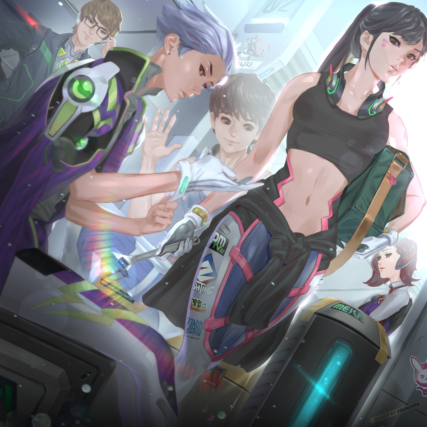 2girls 3boys absurdres adjusting_clothes adjusting_gloves alternate_hairstyle backlighting black_hair breasts casino_(overwatch) center_opening clothes_around_waist commentary d.mon_(overwatch) d.va_(overwatch) dutch_angle glasses gloves group_picture headphones headphones_around_neck headset highres king_(overwatch) long_hair medium_breasts multiple_boys multiple_girls navel overlord_(overwatch) overwatch overwatch_1 pilot_suit ponytail science_fiction sports_bra white_gloves wrench youngppa