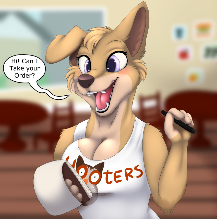 2019 absurd_res angel_(lady_and_the_tramp) anthro anthrofied big_breasts breasts canid canine canis cleavage clothed clothing creature_print cross-eyed dialogue diner disney domestic_dog dual_holding english_text fangs female fur hi_res holding_note_pad holding_object holding_pen holding_writing_utensil hooters lady_and_the_tramp lady_and_the_tramp_2 logo_print mammal mixed_breed nauticalcanine note_pad notebook one_ear_up open_mouth pen pomeranian pomsky print_clothing print_shirt print_tank_top print_topwear purple_eyes restaurant shirt shirt_logo smile solo speech_bubble spitz taking_order tank_top teeth text text_on_clothing text_on_shirt text_on_tank_top text_on_topwear text_print topwear writing_utensil yellow_body yellow_fur