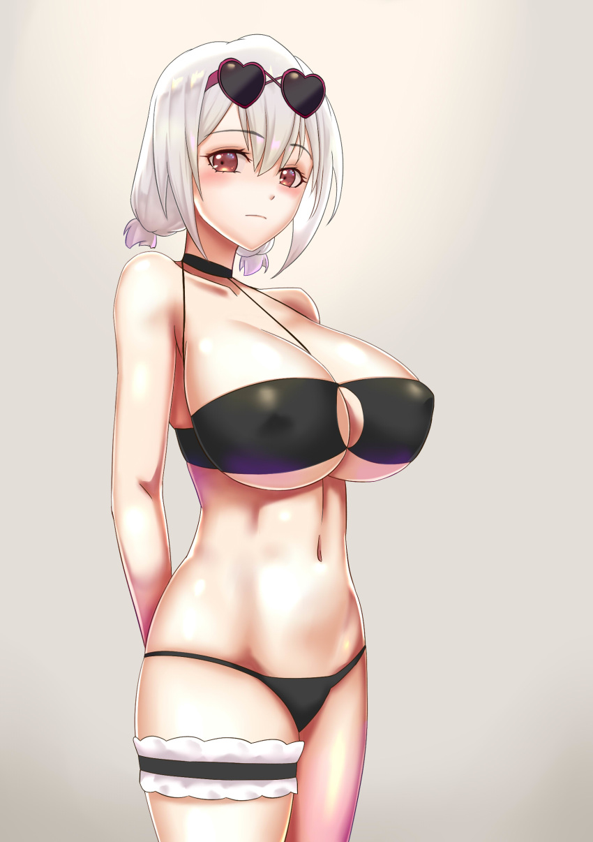 absurdres arms_behind_back azur_lane bare_shoulders bikini black_bikini black_choker blush breasts bridal_garter choker closed_mouth commentary_request covered_nipples der_zweite eyelashes eyewear_on_head female from_side gradient_background grey_background hair_between_eyes heart heart-shaped_eyewear highres huge_breasts large_breasts looking_at_viewer navel official_alternate_costume red_eyes short_hair simple_background sirius_(azur_lane) sirius_(scorching-hot_seirios)_(azur_lane) solo standing swimsuit thighs underboob white_hair